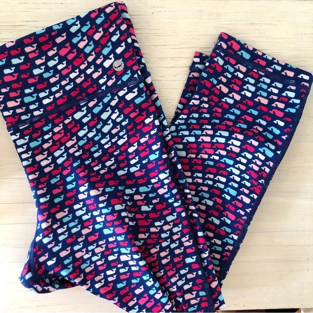 Vineyard Vines Navy Leggings with Pink, Red, Light Blue Whale Pattern